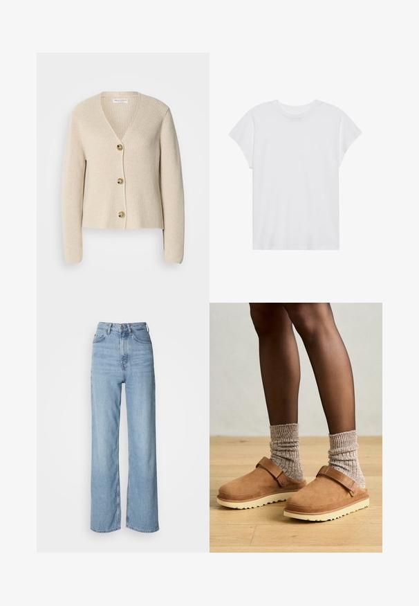 Beige, geribbelde cardigan met een V-hals, drie grote gouden knopen aan de voorkant en lange mouwen. Zachte textuur en een verkort ontwerp.; Witte t-shirt met korte mouwen, ronde hals, relaxte pasvorm, gemaakt van zacht katoen. Glad textuur, geen patronen of logo's.; Lichtblauwe high-waisted jeans met een rechte pijp, gemaakt van denim, met een sluiting aan de voorkant met knopen en subtiele vervagingdetails.; Bruine suède klompen met een band, crèmekleurige rubberen zool en getextureerde grijze breisokken. De vloer is van licht hout.
