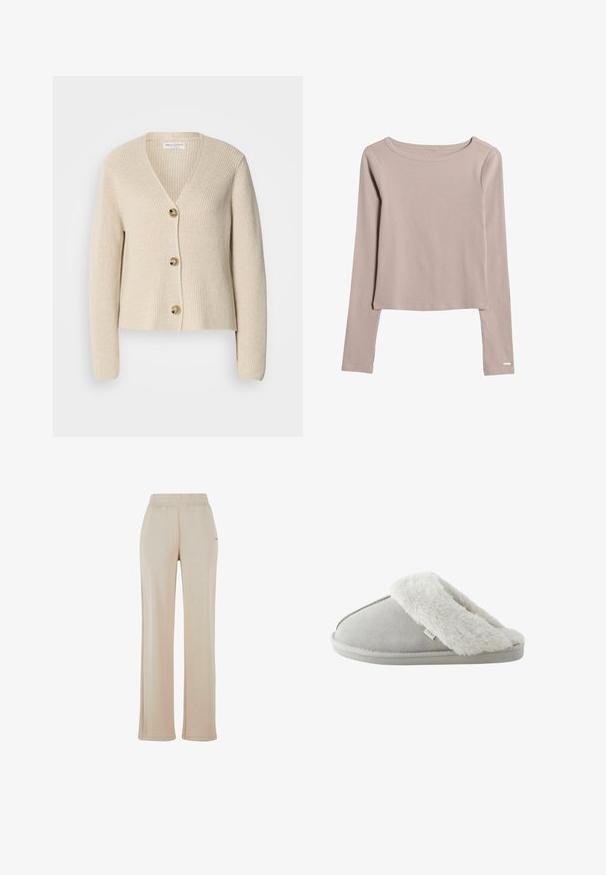 Beige, ribbet cardigan med V-hals, tre store gyldne knapper ned foran og lange ærmer. Blød tekstur og cropped design.; Lys beige langærmet skjorte lavet af blødt, strækbart stof. Har en bred halsudskæring og en let cropped bund. Diskrete syninger.; Beige, løse sweatpants med elastisk talje og diskrete sidesømme. Fremstillet af et blødt, tekstureret materiale. Ingen synlige logoer.; Lysegrå slip-on tøfler med blødt hvidt kunstpelsfor og sål mærket "NEXT," set fra siden på hvid baggrund.