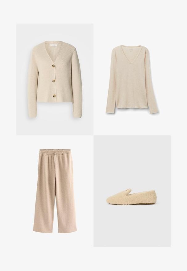 Beige, ribbet cardigan med V-hals, tre store gyldne knapper ned foran og lange ærmer. Blød tekstur og cropped design.; Langærmet V-hals top i lys beige stof med en blød tekstur. Afslappet pasform med lige kant og minimalistisk design.; Beige bukser med vide ben, elastisk talje og snørre, lavet af et blødt, plettet stof.; Cremefarvet fluffy slip-on sko med lav hæl og blødt, tekstureret stof, vist i siden på en hvid baggrund.