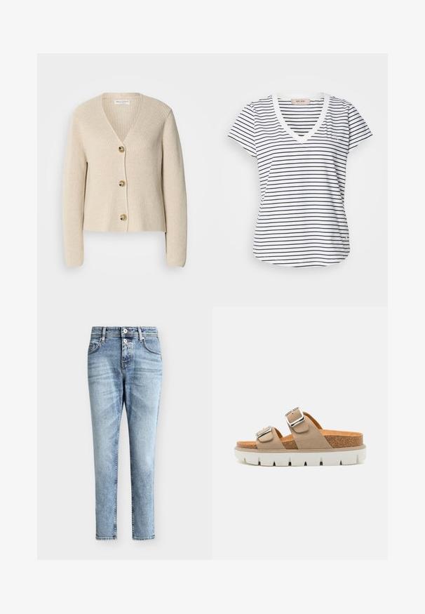 Beige, ribbet cardigan med V-hals, tre store gyldne knapper ned foran og lange ærmer. Blød tekstur og cropped design.; Stribet kortærmet v-hals t-shirt med hvide og marineblå striber, med en lille logo detalje og en buet nederkant.; Lyseblå højtaljede jeans med to frontknapper, frontlommer og et slankt, lige ben.; Beige slidesandaler med to justerbare remme, korkmellemsål og hvid gummiydersål med et struktureret mønster.
