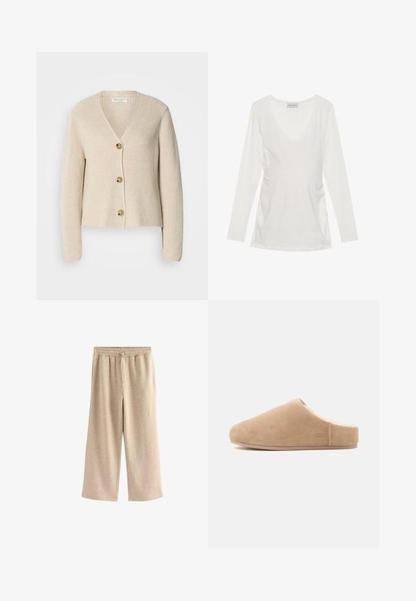 Beige, ribbet cardigan med V-hals, tre store gyldne knapper ned foran og lange ærmer. Blød tekstur og cropped design.; Hvid langærmet top med V-hals, der har samlingdetaljer i siderne. Fremstillet af blødt, glat stof med et afslappet design.; Cremefarvede breddebenede bukser lavet af blødt bomuldsblandingsstof. Har en elastisk talje med snor og en subtil plettet tekstur.; Beige ruskind slip-on tøfler med blødt for og flad sål, lukket tå, åben bag, og diskret "UGG" logo på siden.