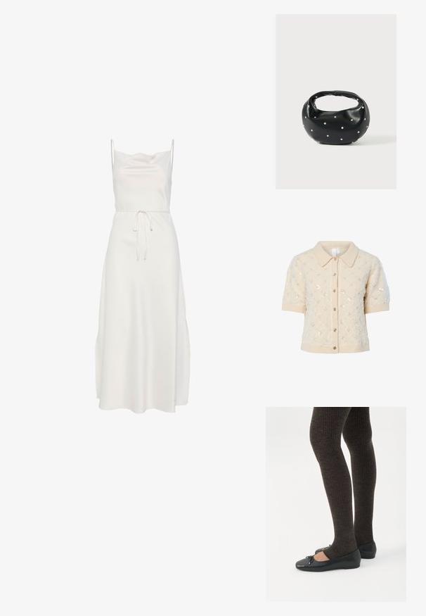 Cárdigan beige de punto con mangas cortas, cuello con solapa, lentejuelas decorativas y cierre frontal con botones. Detalles de puños y dobladillo acanalados.; Vestido midi blanco sin mangas con tirantes finos, escote fruncido y cinturón de lazo en la cintura sobre un fondo liso.; Piernas con leggings oscuros acanalados combinados con bailarinas negras que presentan pequeños detalles de lazo sobre un fondo blanco.; Bolso de mano de cuero negro con forma redondeada, decorado con detalles de tachuelas plateadas y un asa corta. Textura lisa y cierre con cremallera.