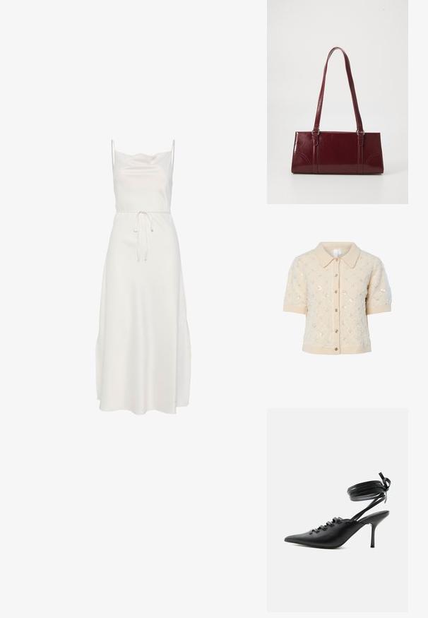 Beige gebreid vest met korte mouwen, kraag, decoratieve pailletten en knoopsluiting aan de voorkant. Geribbelde manchetten en zoomdetail.; Witte mouwloze midi-jurk met spaghettibandjes, een watervalhals en een tailleceintuur op een effen achtergrond.; Zwarte pumps met spitse neus en hoge hak, met veters aan de voorkant en riempjes die rond de enkel wikkelen en zijn gestrikt in een strik, gezien vanaf de zijkant tegen een witte achtergrond.; Bourgondische handtas van glanzend materiaal, rechthoekige vorm, met twee schouderbanden en subtiele gebogen accenten aan de voorkant.