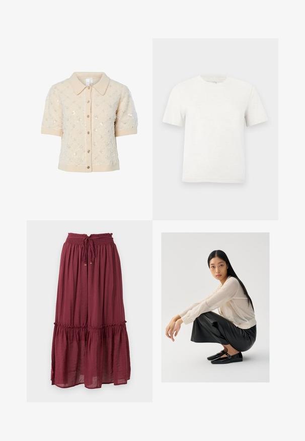 Cardigan beige en maille avec manches courtes, col à revers, sequins décoratifs et fermeture boutonnée sur le devant. Détails aux poignets et à l'ourlet en côtes.; T-shirt en coton blanc uni à manches courtes, col rond, avec un logo brodé discret centré sur la poitrine.; Jupe midi froncée bordeaux avec taille élastique, cordon ajustable avec perles dorées et un volant près de l'ourlet.; Pull léger beige clair en maille transparente avec des manches bouffantes, associé à un pantalon large en cuir noir et des chaussures noires brillantes avec un détail de sangle.