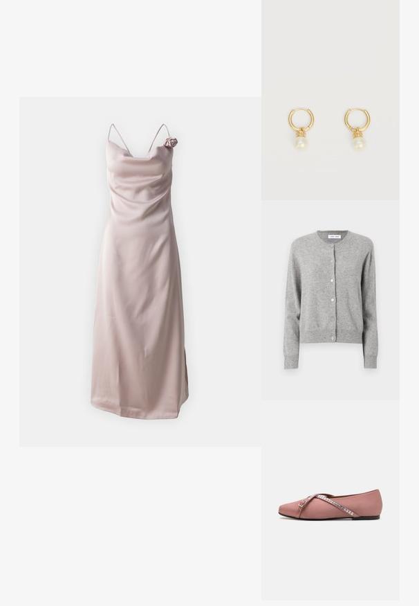 Grå cardigan lavet af blødt strikket materiale, med rund halsudskæring, lange ærmer og knaplukning hele vejen ned foran. Simpelt design.; Satin sundress i lys pink med tynde stropper og en draperet halsudskæring, prydet med en roseaccent på venstre skulder.; Ballet-flade i blødt lyserødt satin med et kryds-selvdesign dekoreret med firkantede sølvdetaljer og en rund tå. Lav sort sål.; Små guld øreringe i hoop-stil med enkelt hvidt perlevedhæng og dekorativt gulddesign på ensartet hvid baggrund.