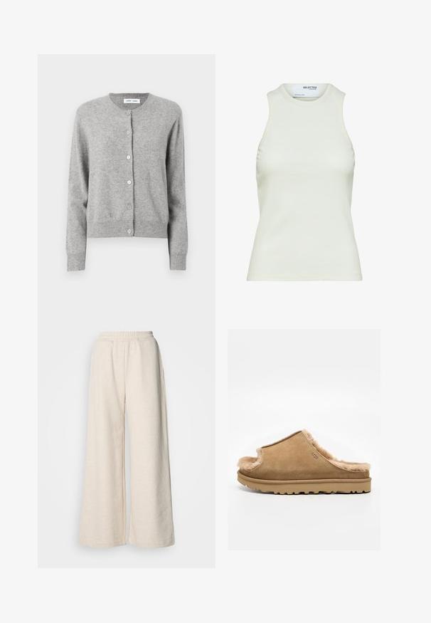 Grå cardigan lavet af blødt strikket materiale, med rund halsudskæring, lange ærmer og knaplukning hele vejen ned foran. Simpelt design.; Ærmeløs hvid ribbet tanktop med rund halsudskæring fra Selected Femme, viser frontvisning uden mønstre eller dekorationer.; Højtsiddende, vide bukser i lysebeige stof. Har en elastisk talje og sidelommer. Blød tekstur med et afslappet design.; Beige ruskind slip-on sutsko med blødt fleecefor og gummisål, med et side-UGG-logo på en ens hvid baggrund.