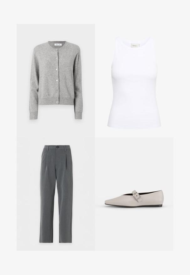 Cardigan gris en matériau tricoté doux, avec un col rond, des manches longues et une fermeture à boutons à l'avant. Design simple.; Débardeur blanc côtelé avec un col rond et sans manches. Tissu extensible et design ajusté. Étiquette au dos indiquant "GESTUZ."; Pantalon gris coupe droite avec passants de ceinture, fermeture à boutons sur le devant et plis près de la taille sur fond blanc.; Chaussure plate en cuir beige avec un bout pointu, un accent de boucle sur le côté et une semelle noire basse. Texture lisse et design minimaliste.