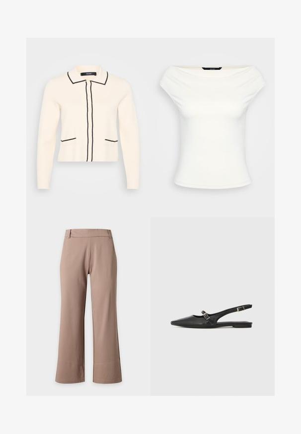 Cremefarvet cardigan med sort kant, der har krave, frontknapper og to nederste lommer med sort detaljering. Blød strikket tekstur.; Hvid off-shoulder top, tætsiddende design, blødt strækstof, korte ærmer og en glat overflade uden synlige mønstre eller udsmykninger.; Lysebrune bukser med vide ben, med en tætsiddende talje og bæltestropper, vist mod en ensfarvet lys baggrund.; Sorte læder slingback-sko med spids tå, med en smal rem og en sølvspænde-detalje på siden. Flad sål.