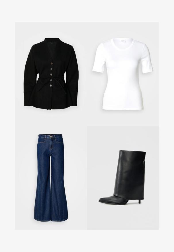 Cardigan noir avec décolleté en V, fermeture à boutons et ceinture à nouer. Il présente une texture douce et des manches larges, créant une silhouette décontractée.; T-shirt blanc à manches courtes en coton lisse, doté d'un col rond et d'une coupe ajustée. Design classique, sans motifs ni accents.; Jean en denim foncé à jambe large avec une taille haute, cinq poches et fermeture à bouton en métal. Texture lisse et détails de couture subtils.; Bottine en cuir noir avec un design structuré à rabat, bout pointu et talon fin. Texture lisse avec un minimum de détails.
