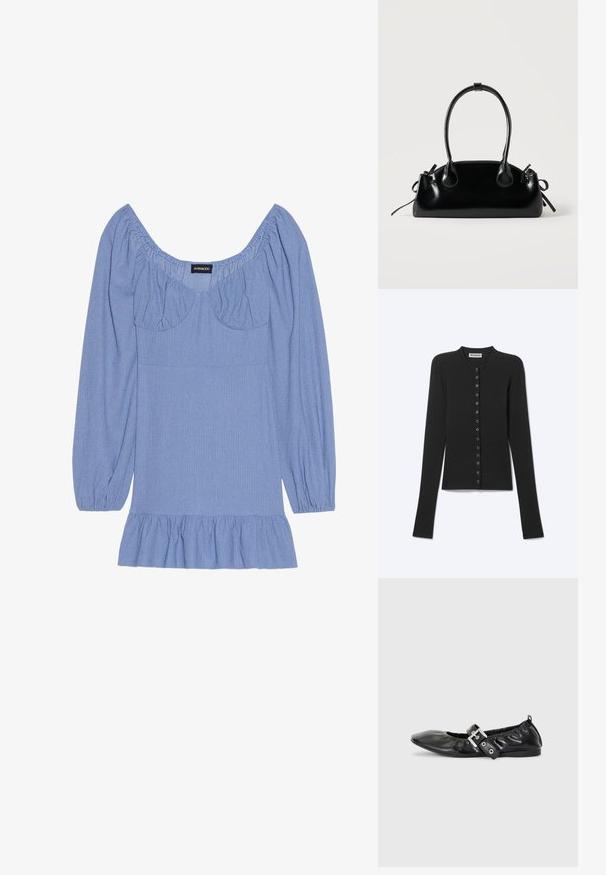 Cardigan côtelé noir à manches longues avec fines rayures horizontales et une rangée de petits boutons ronds sur le devant.; Blouse bleue texturée avec de longues manches bouffantes, un large décolleté et un ourlet froncé. Présente des accents froncés au niveau des épaules et de la poitrine.; Chaussure plate en cuir noir avec un nez pointu, des détails froncés autour de l'ouverture et un accent en boucle argentée sur la bride ajustable.; Petit sac à main noir brillant avec deux longues anses et des détails à cordon sur les côtés sur un fond clair uni.