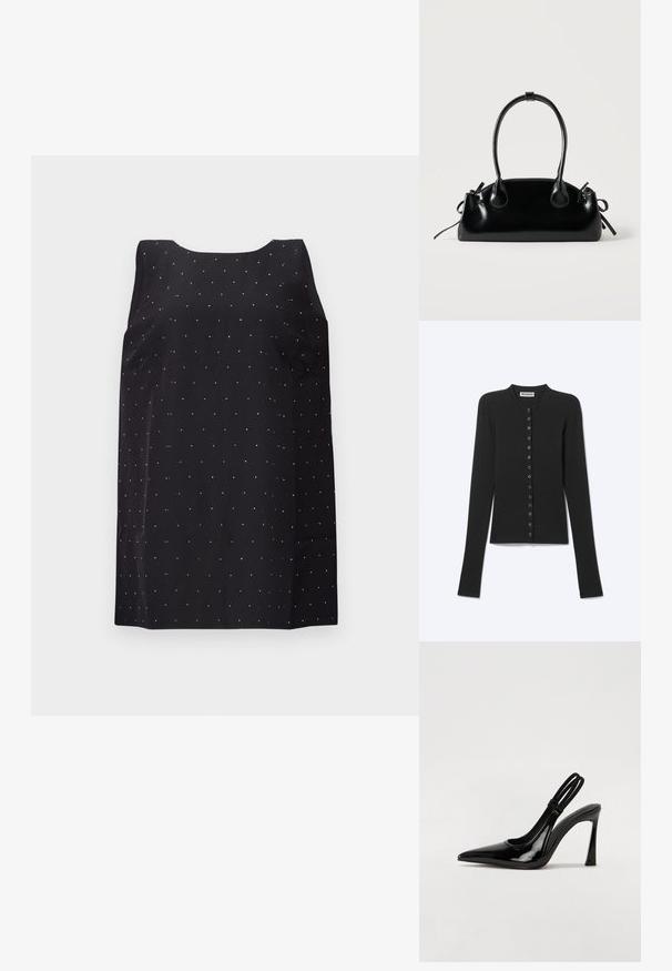Cardigan côtelé noir à manches longues avec fines rayures horizontales et une rangée de petits boutons ronds sur le devant.; Robe noire sans manches avec un col rond, ornée d'un motif dispersé de petits points argentés brillants sur le tissu.; Escarpin en cuir verni noir à talon aiguille, à bout pointu, avec une sangle élastique double pour un maintien sécurisé. Surface lisse et brillante.; Petit sac à main noir brillant avec deux longues anses et des détails à cordon sur les côtés sur un fond clair uni.
