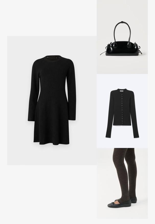 Cardigan côtelé noir à manches longues avec fines rayures horizontales et une rangée de petits boutons ronds sur le devant.; Robe noire à manches longues en tissu doux. Dotée d'un col rond, d'un corsage ajusté et d'une jupe évasée, avec une texture lisse. Sans motifs ni accents.; Jambes portant des leggings côtelés foncés associés à des ballerines noires avec de petits détails en nœud sur fond blanc.; Petit sac à main noir brillant avec deux longues anses et des détails à cordon sur les côtés sur un fond clair uni.