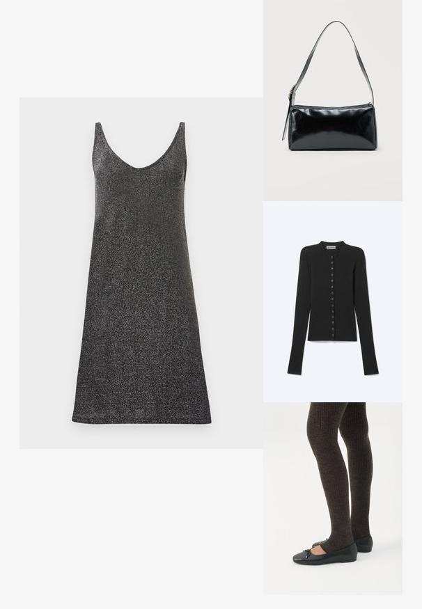 Cardigan côtelé noir à manches longues avec fines rayures horizontales et une rangée de petits boutons ronds sur le devant.; Robe noire sans manches avec un décolleté en V profond, fabriquée dans un tissu scintillant. Elle présente des fines bretelles et une silhouette droite, garantissant une texture lisse.; Jambes portant des leggings côtelés foncés associés à des ballerines noires avec de petits détails en nœud sur fond blanc.; Sac d'épaule rectangulaire noir avec une sangle réglable unique et une fermeture éclair supérieure sur un fond uni.