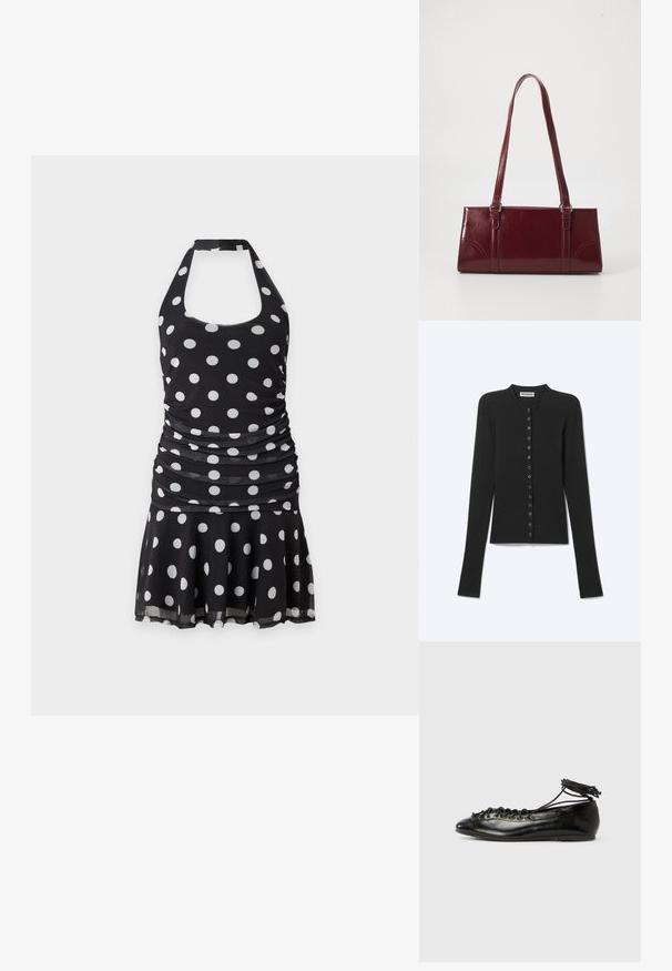 Cardigan côtelé noir à manches longues avec fines rayures horizontales et une rangée de petits boutons ronds sur le devant.; Robe noire à col halter avec pois blancs, taille froncée et jupe évasée sur un fond blanc uni.; Ballerines en cuir verni noir avec un bout rond, un design à lacets et une semelle plate. Texture lisse avec peu de détails.; Sac à main bordeaux en matériau brillant, de forme rectangulaire, avec deux anses et des accents légèrement courbés à l'avant.