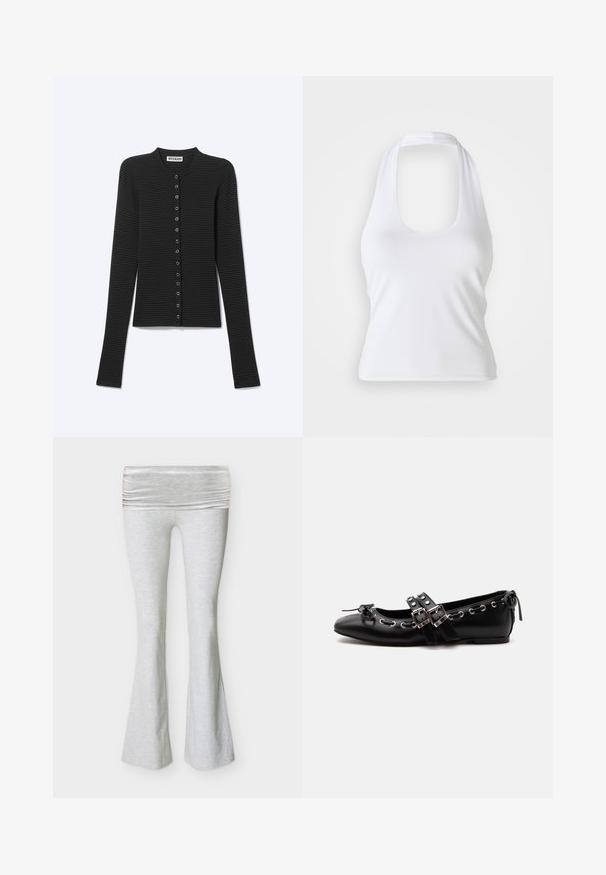 Cardigan côtelé noir à manches longues avec fines rayures horizontales et une rangée de petits boutons ronds sur le devant.; Haut halter blanc avec un décolleté en forme de cœur, fabriqué en tissu lisse et extensible. Présente un design minimaliste sans embellissements ni motifs.; Pantalon de yoga gris clair taille haute avec une large ceinture froncée et des jambes légèrement évasées, présenté sur un fond uni.; Chaussure de ballet plate noire avec doubles brides à boucle, œillets argentés et petit nœud près de l’orteil arrondi sur fond blanc.