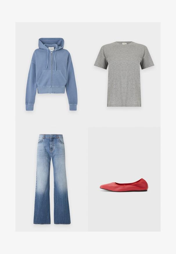 Sweat à capuche court bleu en coton doux, doté d'une fermeture éclair sur le devant, d'une capuche avec cordon de serrage et de deux poches frontales. Poignets et ourlet côtelés complètent le design.; T-shirt gris uni en coton à manches courtes avec un col rond et une petite étiquette blanche à l'intérieur du col portant la mention « CLOSED ».; Jean bleu clair taille haute à jambes larges, avec poches avant, passants pour ceinture, et décoloration du milieu de la cuisse jusqu'à l'ourlet sur un fond uni.; Filippa K REY FLATS - Ballerines - bright red