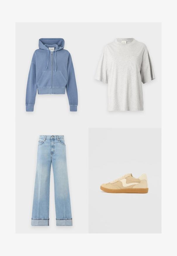 Sweat à capuche court bleu en coton doux, doté d'une fermeture éclair sur le devant, d'une capuche avec cordon de serrage et de deux poches frontales. Poignets et ourlet côtelés complètent le design.; T-shirt en coton gris avec un col rond, des manches courtes et une poche sur le côté gauche de la poitrine. Comprend une petite étiquette sur la couture latérale.; Jeans évasés bleu clair en denim, dotés d'une taille haute, d'ourlets retroussés et d'un design classique à cinq poches. Finition nette avec un minimalisme dans les dégradés.; Sneaker beige avec des matériaux en daim et en maille, forme arrondie, col rembourré proéminent et semelle en caoutchouc gomme. Présente un accent de design en forme de vague.