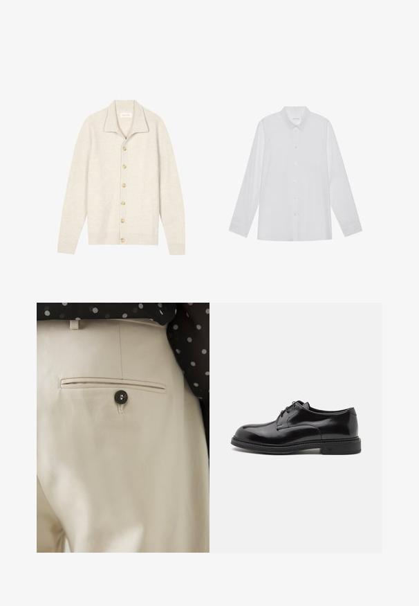 Cardigan beige côtelé avec manches longues, col plat et sept boutons ronds sur le devant. Texture douce, idéale pour superposer.; Chemise blanche à manches longues en tissu lisse, dotée d'un col pointu, d'une fermeture à boutons sur le devant et de poignets à un bouton.; Pantalon beige en tissu texturé avec une poche arrière fermée par un bouton noir. Finitions de couture discrètes le long de la poche.; Chaussure habillée en cuir noir avec une finition lisse, bout rond et lacets. Présente une épaisse semelle noire et un détail de couture subtil le long du bord.