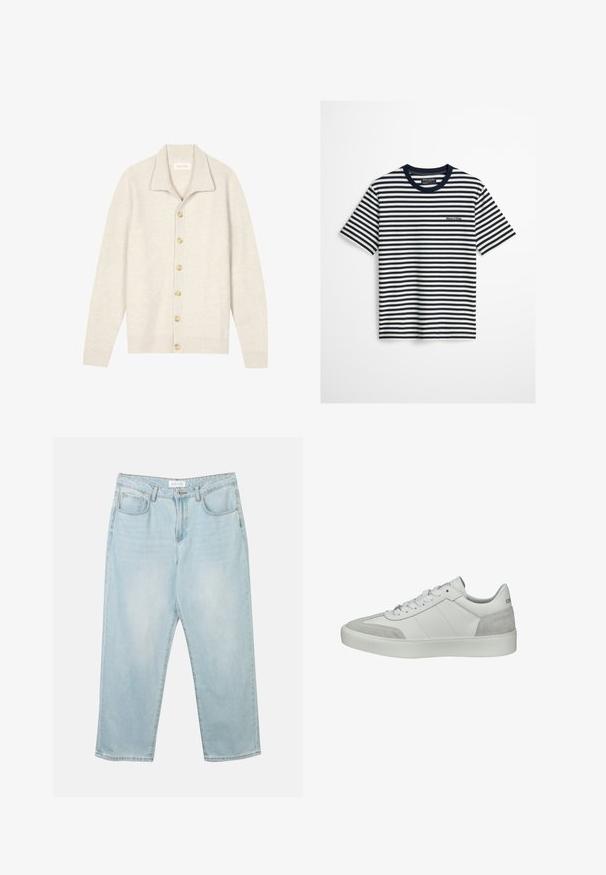 Cardigan beige côtelé avec manches longues, col plat et sept boutons ronds sur le devant. Texture douce, idéale pour superposer.; T-shirt à manches courtes à rayures horizontales bleu marine et blanches, avec col bleu marine et petit logo Marc O’Polo sur la poitrine.; Jean en denim bleu clair avec une coupe décontractée, cinq poches, une fermeture à bouton et un léger délavage. La texture est douce et légèrement usée.; Baskets basses blanches avec des empiècements en daim gris au niveau des orteils et du talon, lacets blancs et semelle blanche épaisse, vues de côté.