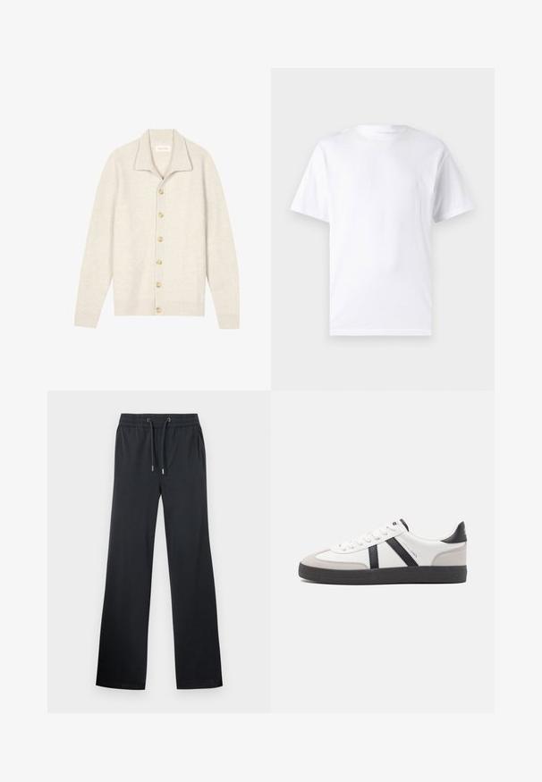 Cardigan beige côtelé avec manches longues, col plat et sept boutons ronds sur le devant. Texture douce, idéale pour superposer.; T-shirt blanc à manches courtes en coton avec un col rond, présentant une texture lisse et un design simple, sans motifs ni accents.; Pantalon large noir en tissu doux. Ceinture élastique avec cordon de serrage et léger éclat. Pas de motifs ni d'accents visibles.; Baskets blanches avec des accents noirs et gris, présentant un embout texturé gris, une semelle en caoutchouc noir et des lacets plats blancs. Design épuré, style minimaliste.