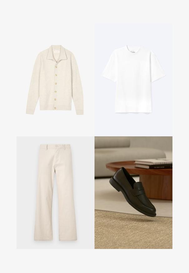 Cardigan beige côtelé avec manches longues, col plat et sept boutons ronds sur le devant. Texture douce, idéale pour superposer.; T-shirt blanc uni à manches courtes et col rond avec une coupe décontractée, présenté sur un fond clair.; Pantalons larges beiges en tissu léger, dotés d'une fermeture à bouton et de poches avant, avec une finition lisse et sans texture.; Chaussure mocassin en cuir noir présentée en suspension au-dessus d'un tapis beige tissé, avec une table en bois et des livres empilés dans un salon doucement éclairé.