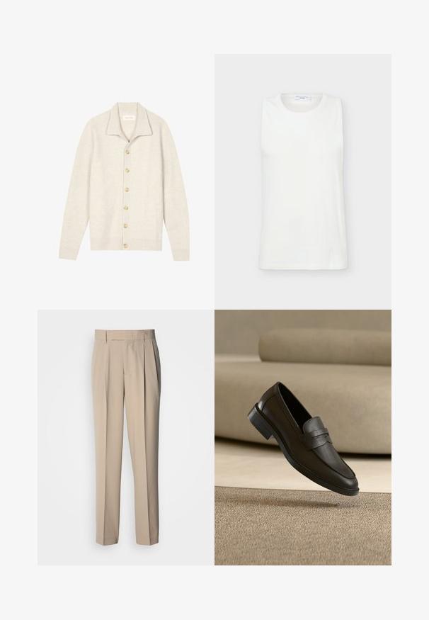 Cardigan beige côtelé avec manches longues, col plat et sept boutons ronds sur le devant. Texture douce, idéale pour superposer.; Haut blanc sans manches à col rond en tissu lisse, présenté à plat sur un fond clair.; Pantalon beige taille haute à plis, coupe droite, avec une texture lisse et sans ornements ni motifs visibles.; Chaussure loafer en cuir noir reposant sur un tapis beige avec un canapé beige courbé en arrière-plan.