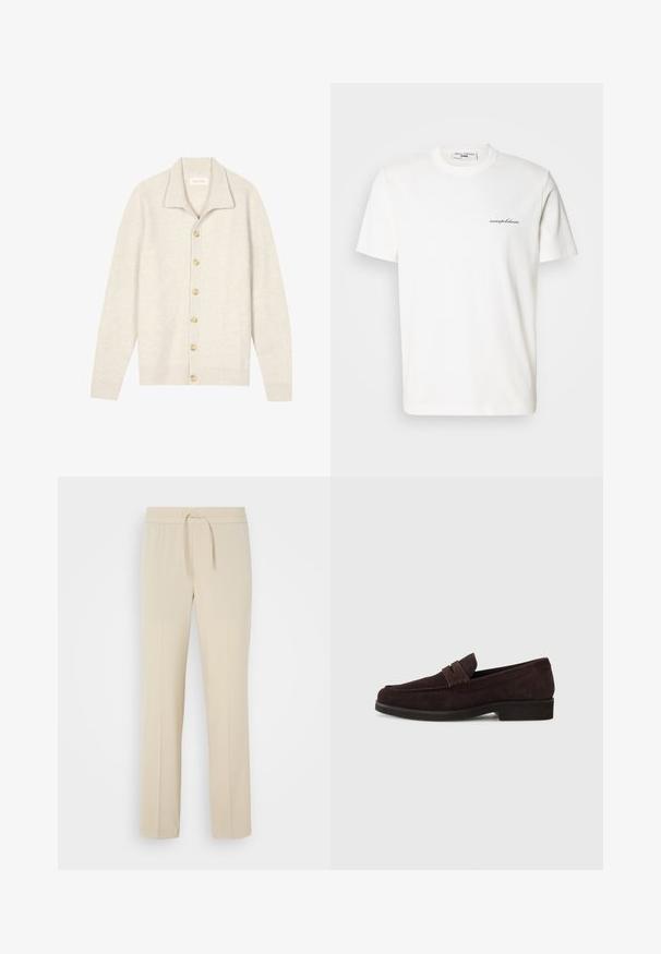 Cardigan beige côtelé avec manches longues, col plat et sept boutons ronds sur le devant. Texture douce, idéale pour superposer.; T-shirt en coton blanc avec un col rond et des manches courtes. Présente un petit texte de logo noir sur le côté gauche de la poitrine.; Pantalons beiges à taille élastique avec cordon de serrage. Comprend des jambes droites et une texture lisse, adaptés pour un usage décontracté ou pour se détendre.; Mocassins en daim marron avec une silhouette basse et un embout arrondi. Présentent une sangle décorative sur le dessus, une semelle en caoutchouc plate et sans couture visible.