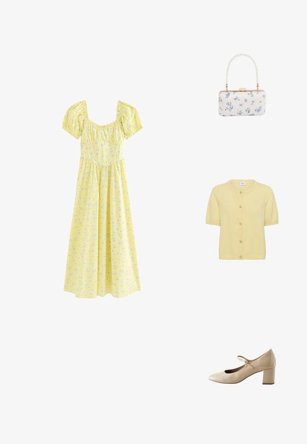 Cárdigan amarillo de manga corta hecho de material de punto suave, con cuello redondo, botones frontales y acentos de canalé en el cuello y el dobladillo.; Vestido midi amarillo con mangas cortas abullonadas, escote cuadrado, busto fruncido y pequeño estampado floral azul.; Zapato Mary Jane de piel beige con puntera redondeada, correa con hebilla y tacón bajo en bloque.; Clutch rectangular blanca con patrón floral azul y asa con cuentas de perlas, herrajes en tono dorado y cierre con broche.