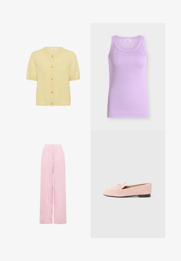 Cardigan jaune à manches courtes en matière tricotée douce, avec un col rond, des boutons à l'avant et des accents côtelés sur le col et l'ourlet.; Débardeur sans manches côtelé lilas avec encolure ronde, coupe ajustée, et étiquette Marc O’Polo Denim à l’intérieur du col.; Pantalon taille haute à jambes larges en tissu rose doux avec un devant lisse et une fermeture dissimulée.; Mocassin en daim rose avec un petit talon, doté d'un bout arrondi et d'un rabat décoratif avec un détail métallique. Texture lisse et design classique.
