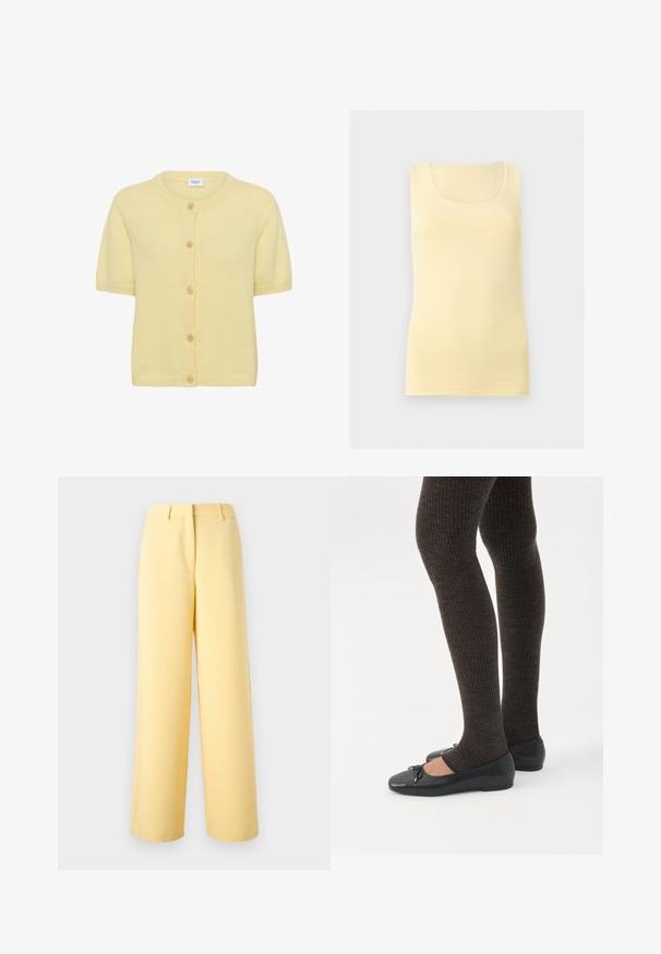 Cardigan jaune à manches courtes en matière tricotée douce, avec un col rond, des boutons à l'avant et des accents côtelés sur le col et l'ourlet.; Débardeur jaune pâle sans manches avec un col rond, présenté sur un fond uni gris clair.; Pantalon jaune taille haute à jambes larges avec passants de ceinture, couture avant et fermeture avant dissimulée sur un fond uni clair.; Jambes portant des leggings côtelés foncés associés à des ballerines noires avec de petits détails en nœud sur fond blanc.