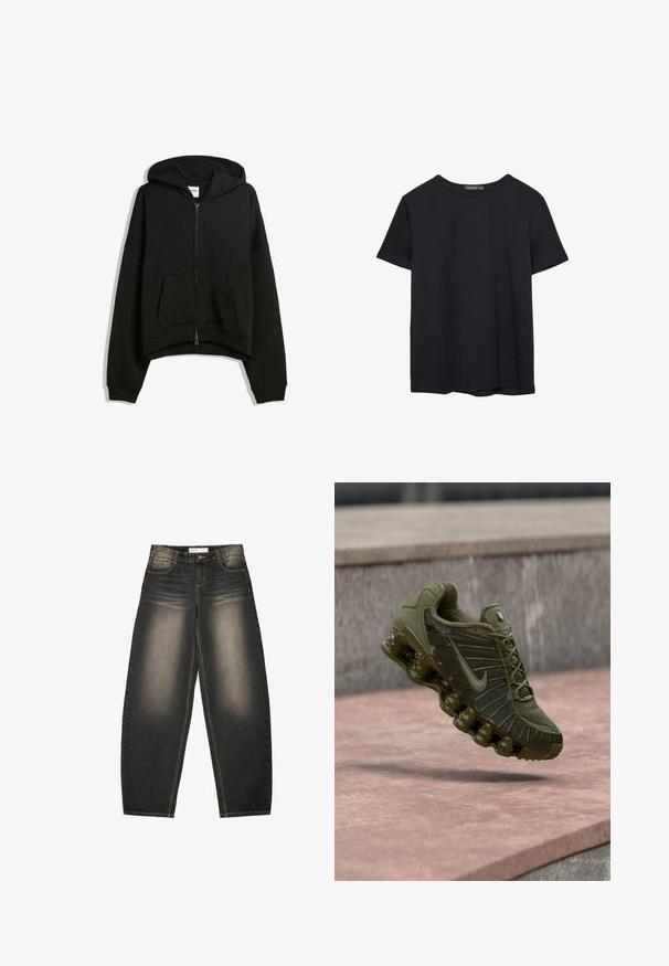 Sort zippered hoodie lavet af bomuldsblanding, med en stor hætte, frontlomme og ribbede manchetter samt en cropped design.; Simpel sort kortærmet bomulds T-shirt med rund hals, præsenteret på en hvid baggrund.; Grå denim bredbenede jeans med let lysning, fem lommer, kontraststing og en afslappet pasform. Ingen synlige mønstre eller udsmykninger.; Nike-sneaker i olivengrøn med mesh-øverdel, teksturerede paneler, polstret sål og synlig luftpolstring for komfort.