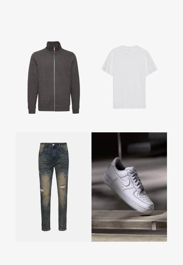 Grijze ritsjack met hoge kraag, gemaakt van zachte stof, met twee zijzakken en ribgebreide manchetten en onderkant.; Witte katoenen T-shirt met korte mouwen, een ronde hals en een gladde textuur. Heeft minimale branding op de halslijn.; Denim jeans hebben een vervaagde blauwe kleur, slim fit, versleten details met zichtbare scheuren, een vijf-pockets ontwerp en een knoopsluiting.; Witte Nike Air Force 1 sneaker van leer met geperforeerde neus, platte veters en een gestructureerde rubberen zool met "AIR"-logo aan de zijkant.