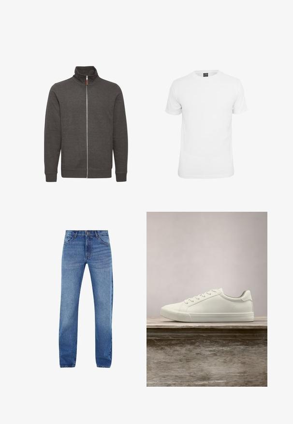 Veste zippée grise avec col montant, fabriquée en tissu doux, dotée de deux poches latérales et de poignets et d'un ourlet côtelés.; T-shirt blanche à manches courtes, en coton, avec un col rond et une texture lisse, conçue pour un usage décontracté.; Jean en denim bleu à coupe droite, cinq poches et fermeture éclair. Décoloration subtile à l'avant, accents cousus en orange.; Sneaker en dentelle blanche flottant au-dessus d'un banc en bois avec un feuillage vert en arrière-plan, mettant en valeur le design et la texture de la chaussure.
