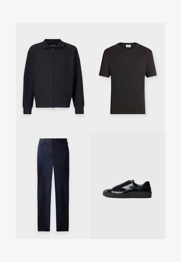 Veste noire zippée avec un motif texturé, col montant, poches latérales et poignets côtelés. Confectionnée dans un tissu doux et tissé.; T-shirt noir uni à manches courtes, côtelé, col rond, avec une petite étiquette de marque blanche à l'intérieur du col arrière.; Pantalons droits bleu marine en tissu lisse. Équipés d'une braguette zippée, d'une fermeture à bouton et d'une poche latérale discrète. Aucun motif visible.; Baskets en cuir verni noir avec un bout arrondi, un laçage, une semelle en caoutchouc texturé et une finition lisse.