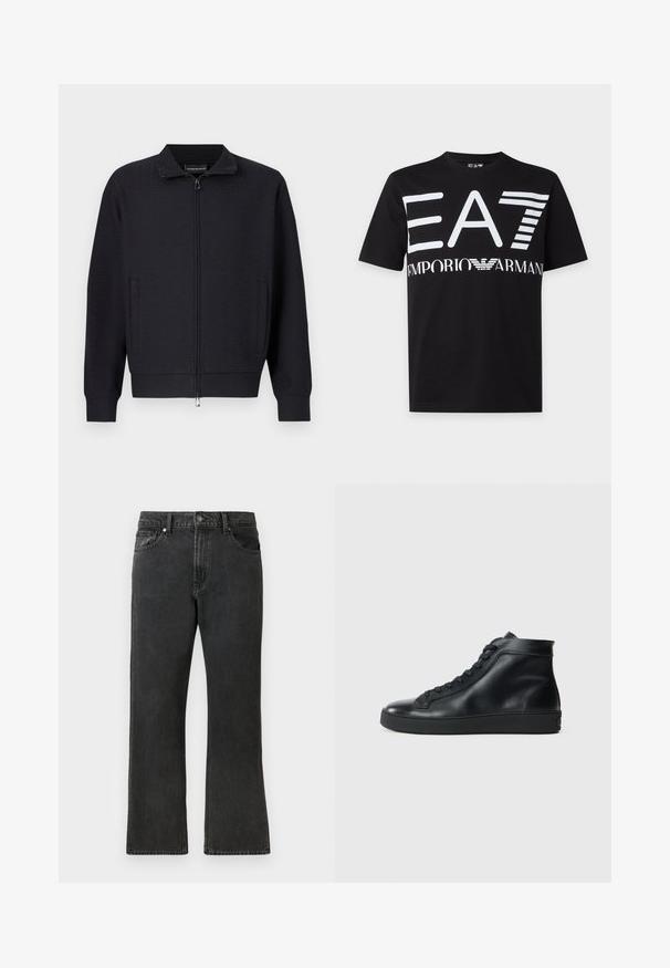Veste noire zippée avec un motif texturé, col montant, poches latérales et poignets côtelés. Confectionnée dans un tissu doux et tissé.; T-shirt noir à manches courtes avec grand texte blanc EA7 et logo Emporio Armani sur la poitrine sur fond uni.; Jean en denim noir avec une coupe droite, doté d'une taille mi-haute, de cinq poches et d'une fermeture par bouton. Texture légèrement délavée sur l'ensemble.; Baskets montantes noires en cuir lisse avec un bout rond, semelle en caoutchouc plate et fermeture lacée à l'avant. Lignes épurées et accents minimalistes.