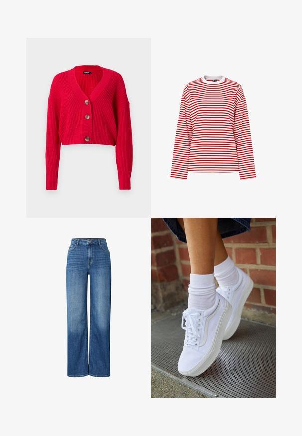 Cardigan rouge raccourci en maille côtelée, avec un col en V profond, des manches longues, et trois gros boutons marron sur le devant.; T-shirt manches longues avec col rond, rayures horizontales rouges et blanches, coupe décontractée et col blanc sur fond uni.; Jeans en denim bleu à jambe large avec taille haute, présentant des zones décolorées, un design traditionnel à cinq poches et une fermeture à bouton à l'avant.; Baskets en toile blanches avec semelles en caoutchouc, dotées de six œillets, d'un bout rond et de détails de couture légers, portées avec des chaussettes blanches mi-mollet.