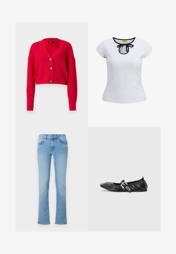Cardigan rouge raccourci en maille côtelée, avec un col en V profond, des manches longues, et trois gros boutons marron sur le devant.; T-shirt blanc à manches courtes avec un bord noir autour de l'encolure et un détail en nœud au centre. Fait en tissu de coton lisse.; Jean en denim bleu clair avec une taille ajustée, jambes évasées, design à cinq poches et fermeture par bouton. Le tissu a une texture lisse.; Chaussure plate en cuir noir avec un nez pointu, des détails froncés autour de l'ouverture et un accent en boucle argentée sur la bride ajustable.