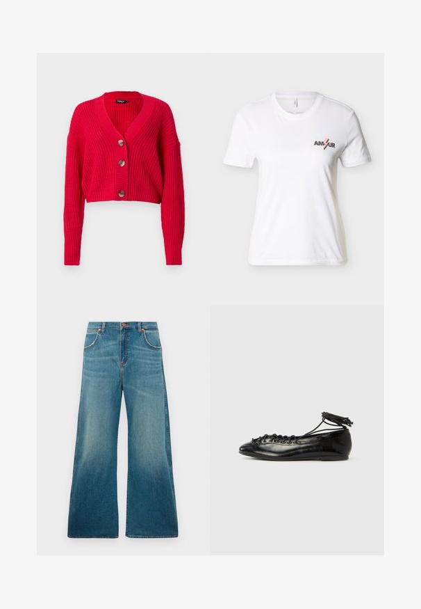 Cárdigan rojo recortado hecho de material de punto acanalado, con un profundo escote en V, mangas largas y tres grandes botones marrones en el frente.; Camiseta blanca de manga corta con cuello redondo, con el texto "AMOUR" y un gráfico de rayo rosa en el pecho izquierdo.; Jeans de mezclilla azul de tiro alto con perneras anchas, bolsillos frontales, cierre de botón y un degradado de color desgastado que va desde la cintura hasta el dobladillo.; Zapatos planos tipo ballet de charol negro con punta redondeada, diseño con cordones y suela plana. Textura lisa con detalles mínimos.