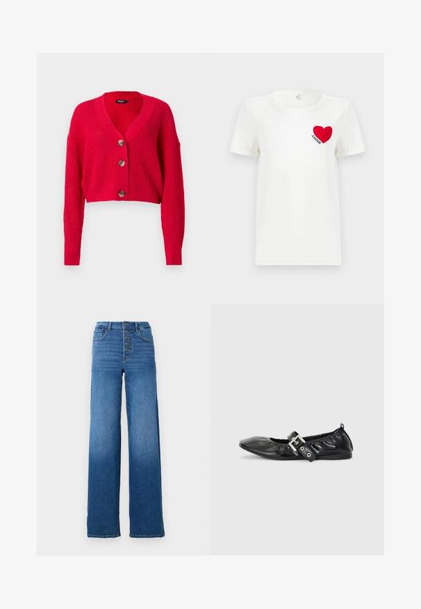 Cardigan rouge raccourci en maille côtelée, avec un col en V profond, des manches longues, et trois gros boutons marron sur le devant.; T-shirt blanc à manches courtes avec un cœur rouge et le mot "AMOUR" imprimé sur la zone gauche de la poitrine.; Jean en denim bleu à jambes larges avec une taille haute et une fermeture à cinq boutons. Caractéristiques : couture classique et ourlet net.; Chaussure plate en cuir noir avec un nez pointu, des détails froncés autour de l'ouverture et un accent en boucle argentée sur la bride ajustable.