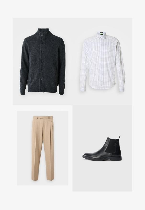 Donkergrijze cardigan van gebreide stof, met een geribbelde hals, een knoopsluiting aan de voorkant en lange mouwen met geribbelde manchetten en zoom.; Wit overhemd met lange mouwen in een blauw geruit patroon. Voorzien van een klassieke kraag en een borstzak. Gladde stof met een gestructureerde pasvorm.; Beige op maat gemaakte broek met voorplooien, riemlussen en rechte pijpen, getoond tegen een effen lichte achtergrond.; Zwarte leren Chelsea-boots met elastische zijpanelen, een treklipje en een vlakke rubberen zool. Gladde textuur met minimale details.