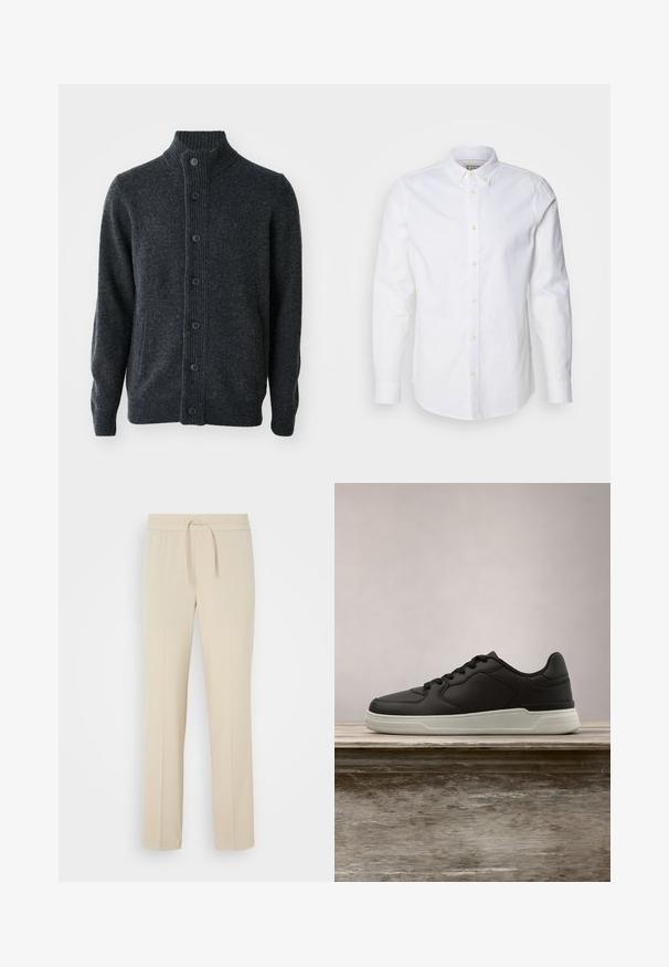 Cardigan gris foncé en tissu tricoté, présentant un col côtelé, une fermeture à boutons sur le devant et des manches longues avec des bords côtelés.; Chemise blanche à manches longues en coton, dotée d'un col structuré, d'une broderie de logo discrète et de boutons beige clair.; Pantalons beiges à taille élastique avec cordon de serrage. Comprend des jambes droites et une texture lisse, adaptés pour un usage décontracté ou pour se détendre.; Baskets noires avec semelle blanche suspendues au-dessus d'un banc en bois, avec un feuillage vert en arrière-plan flou.