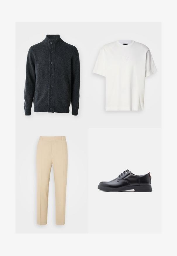Donkergrijze cardigan van gebreide stof, met een geribbelde hals, een knoopsluiting aan de voorkant en lange mouwen met geribbelde manchetten en zoom.; Witte katoenen t-shirt met een ronde hals, korte mouwen en een reliëf ronder logo op de linkerborst. Gladde textuur en reguliere pasvorm.; Beige op maat gemaakte broek met een recht gesneden ontwerp, gemaakt van lichtgewicht stof, met twee voorzakken en nette, geplooide vouwen.; Zwarte leren veter schoenen met een gladde textuur, ronde neus en subtiel stiksel detail. Voorzien van een rode trekband op de hiel.