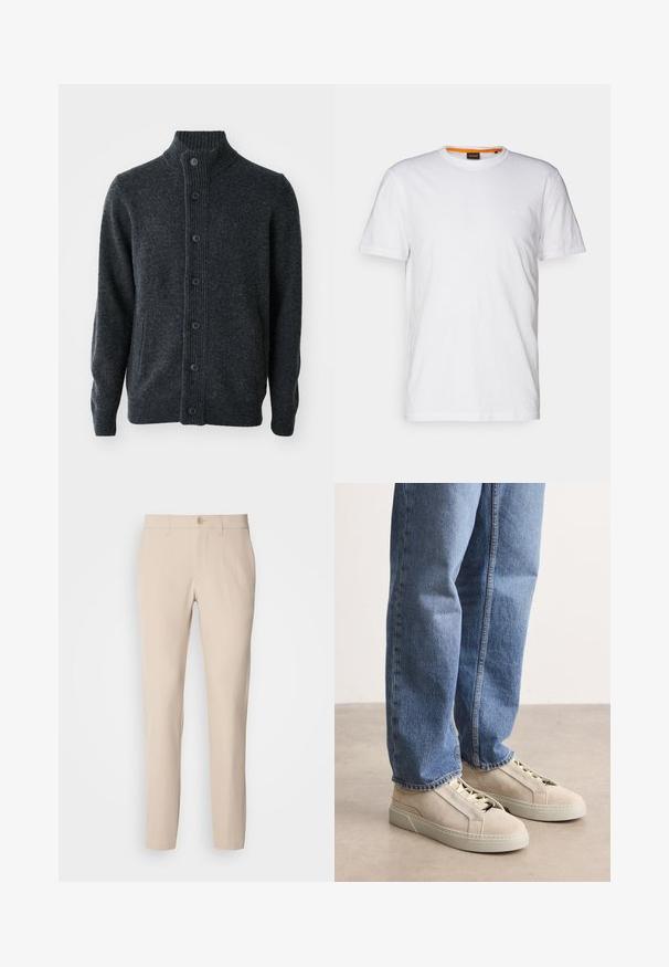 Donkergrijze cardigan van gebreide stof, met een geribbelde hals, een knoopsluiting aan de voorkant en lange mouwen met geribbelde manchetten en zoom.; Witte katoenen T-shirt met ronde hals, korte mouwen en een subtiel reliëflogo op de borst. Het binnenlabel heeft een oranje accent.; Beige broek van zachte stof, met knoopsluiting, rechte snit en zijzakken. Glad oppervlak met minimale stikdetails.; BOSS GARYTENN_SDHDEL - Sneakers laag - natural ten