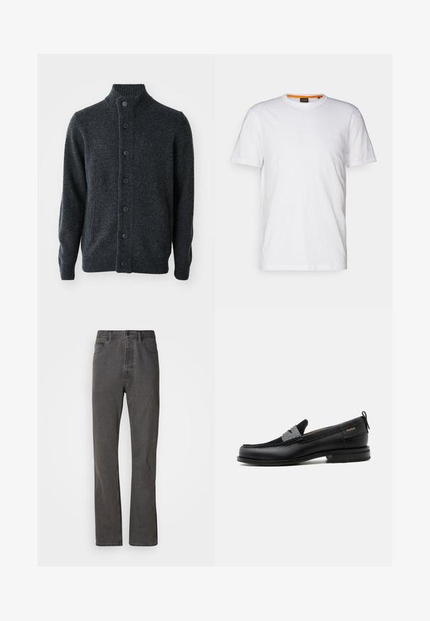 Donkergrijze cardigan van gebreide stof, met een geribbelde hals, een knoopsluiting aan de voorkant en lange mouwen met geribbelde manchetten en zoom.; Witte katoenen T-shirt met ronde hals, korte mouwen en een subtiel reliëflogo op de borst. Het binnenlabel heeft een oranje accent.; Grijze spijkerbroek met een rechte pijp, voorzien van voorzakken, een knoopsluiting en een subtiele textuur.; Zwarte leren loafer met grijs riemdetailelement, lage hak en gestructureerde zool, aan de zijkant gebrandmerkt met "HUGO" in goud.