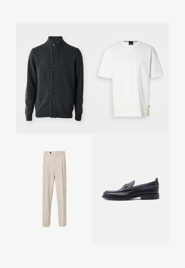 Donkergrijze cardigan van gebreide stof, met een geribbelde hals, een knoopsluiting aan de voorkant en lange mouwen met geribbelde manchetten en zoom.; Wit katoenen T-shirt met een ronde hals, korte mouwen en een klein logo op de borst. Rechte zoom aan de onderkant.; Beige op maat gemaakte broek met een recht model, voorzien van voorplooien, een knoopsluiting en een gladde stofstructuur.; Zwarte leren loafer met grijze, gestructureerde vamp, zilveren metalen gesp, lage hak en trekkoord aan de achterkant.