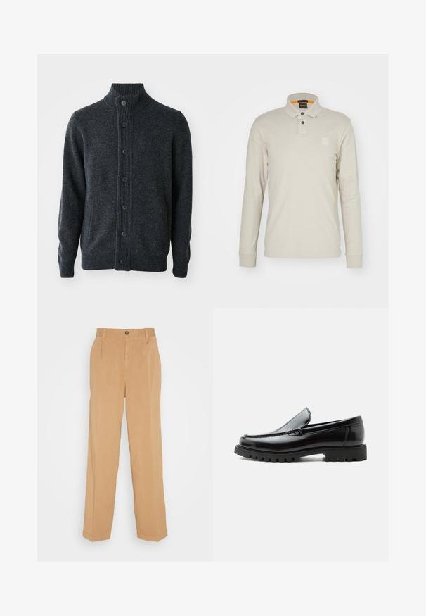 Donkergrijze cardigan van gebreide stof, met een geribbelde hals, een knoopsluiting aan de voorkant en lange mouwen met geribbelde manchetten en zoom.; Poloshirt met lange mouwen in lichtbeige katoen. Beschikt over een kraag, twee knopen en een klein, gedebosseerd logo op de borst. Oranje binnenkraag.; Beige wijde broek van zacht materiaal, voorzien van twee voorzakken, een knoopsluiting en plooidetails langs de benen.; Zwarte leren loafer met dikke rubberen zool, gestikte bovenkant en gegraveerde merknaam op de hiel, zijaanzicht op witte achtergrond.