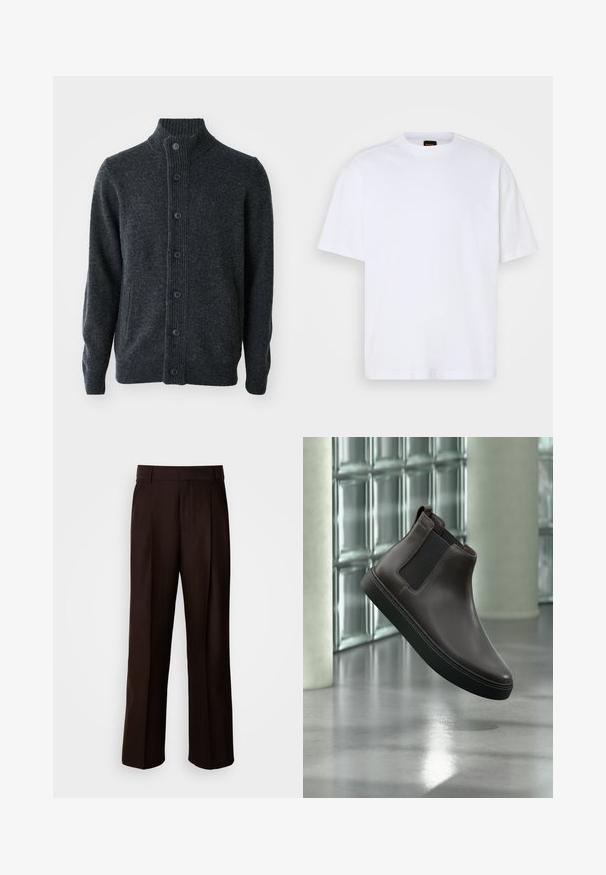 Donkergrijze cardigan van gebreide stof, met een geribbelde hals, een knoopsluiting aan de voorkant en lange mouwen met geribbelde manchetten en zoom.; Witte katoenen T-shirt met ronde hals, korte mouwen en een ontspannen pasvorm. Heeft textuur op de schoudernaden voor extra detail.; Bruine op maat gemaakte broeken met een recht design, voorzien van een voorplooien, een gladde textuur en een klassieke tailleband. Geschikt voor formele gelegenheden.; Donkerbruine leren Chelsea-laars met zwarte elastische zijpanelen en zwarte zool, afgebeeld als zwevend boven een reflecterende vloer binnenshuis.