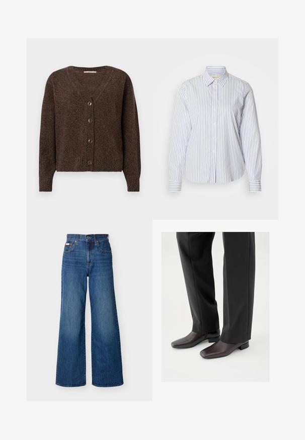 Cardigan marron tricoté avec col en V, manches longues, poignets et ourlet côtelés, doté de quatre boutons à l'avant.; Chemise à rayures bleues et blanches avec col classique, manches longues et ourlet droit. Le tissu a une texture lisse.; Jeans en denim bleu à jambes larges avec taille haute, bouton frontal, fermeture éclair et design à cinq poches sur un fond uni.; Chaussures en cuir marron foncé avec un bout carré et un petit talon bloc, portées avec un pantalon noir sur mesure, affichant une apparence élégante et polie.