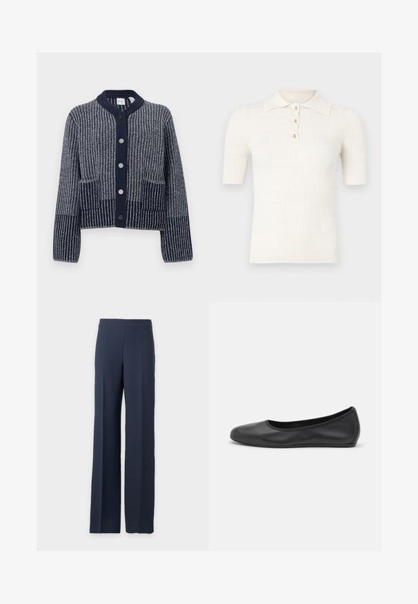 Cardigan en tricot bleu marine avec un motif rayé texturé, doté d'un col rond, d'une fermeture à boutons et de deux poches avant.; Polo crème côtelé à manches courtes, doté d'un col plat et de trois boutons décoratifs au niveau de l'encolure. Texture lisse.; Pantalon large bleu marine à taille haute avec un devant épuré, présenté sur un fond gris clair uni.; Ballerines en cuir noir avec un bout rond, texture lisse, détails de couture minimalistes et design de semelle flexible.