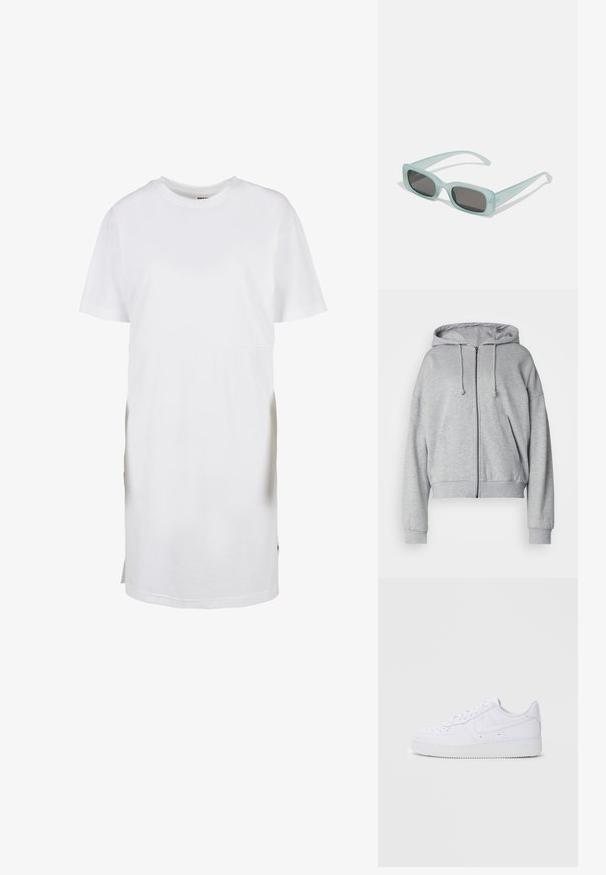 Grå zip-up hættetrøje med snor i hætten, afslappet pasform, sidelommer, ribbede manchetter og kant, lavet af blødt svedtransporterende stof.; Hvid t-shirt kjole med korte ærmer, lavet af bomuld, har en afslappet pasform, rund halsudskæring og sidesplitter i kanten for let bevægelse.; Hvide Nike Air Force 1 sneakers med læderoverdel, rund tå, snørelukning, polstret krave og struktureret gummisål.; Et par rektangulære solbriller med lyseblå gennemsigtige stel og mørkegrå linser, der har lige templer og minimale hardware detaljer.
